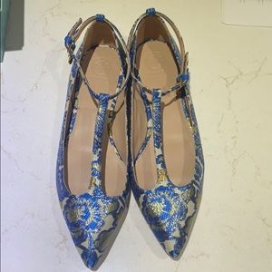 Tory Burch Blue Brocade T Strap Flats